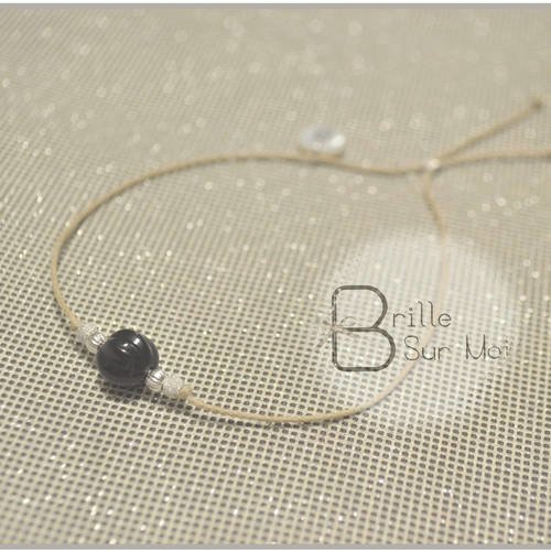 Bracelet cordon  "esprit tribal"  argent 925 avec perle en verre noir