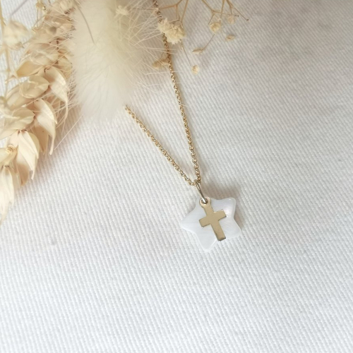 Collier 'etoile de croix"baptême /communion  plaqué or gold filled or 14k étoile nacre brillesurmoi
