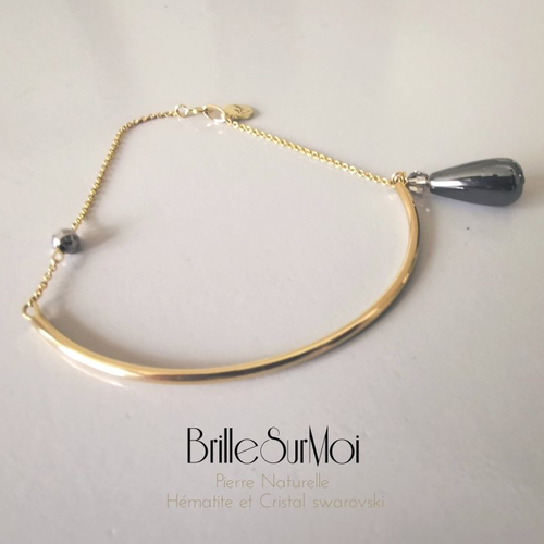 Bracelet semi-rigide gold-filled or 14k cristal perle naturelle l'hématite et cristal swarovski