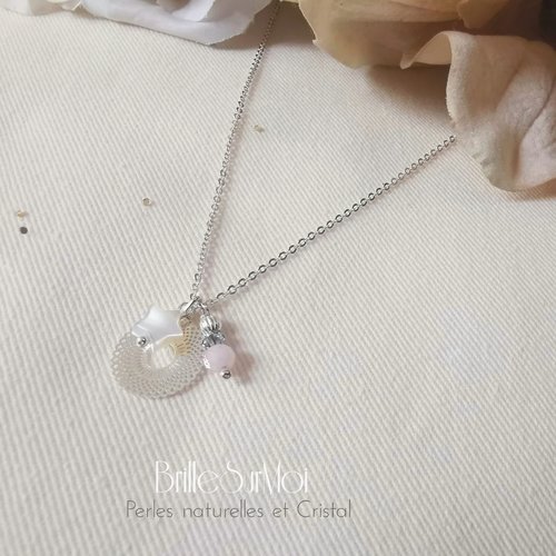 Enfant/ ado collier argent 925 perles naturelles  nacre, quartz et cristaux swarovski brillesurmoi