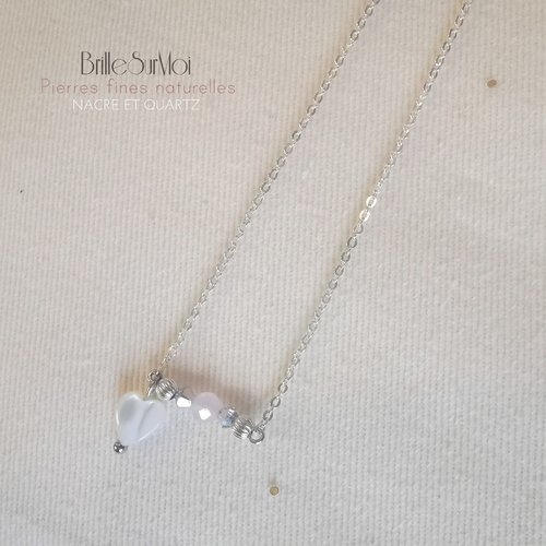 Enfant/ ado collier argent 925 coeur perles naturelles  nacre, quartz et cristaux swarovski brillesurmoi