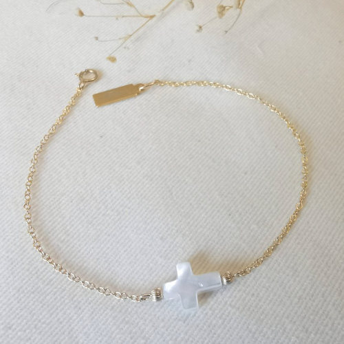 Bracelet baptême/communion ~ croix nacré'~gold filled or 14k perle naturelle
