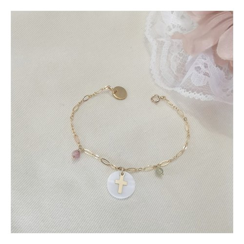 Bracelet communion    ~ pampilles croix & pierre naturelles~  ~  gold filled or 14k brillesurmoi