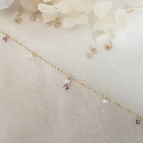Chaine de cheville enfant à grelot ~ lina ~   cristaux violets et perle de rocailles