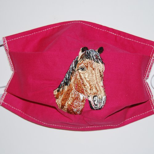 Masque tissu lavable brodé -m53 cheval  fond rose fushia -taille enfant