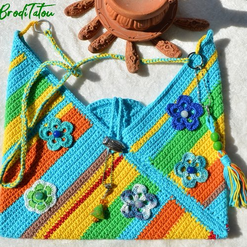 Sac bandoulière au crochet et perle naturelles, à porter sur l’épaule et croisé