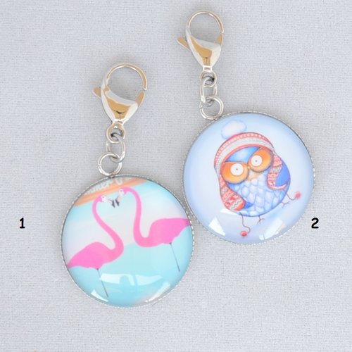 Charms flamant rose ou chouette avec mousqueton,