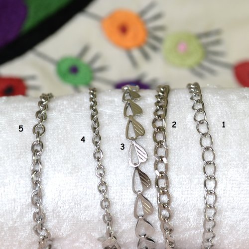 Chaîne de bracelet ou gourmette, maille coeur et ronde en acier inoxydable
