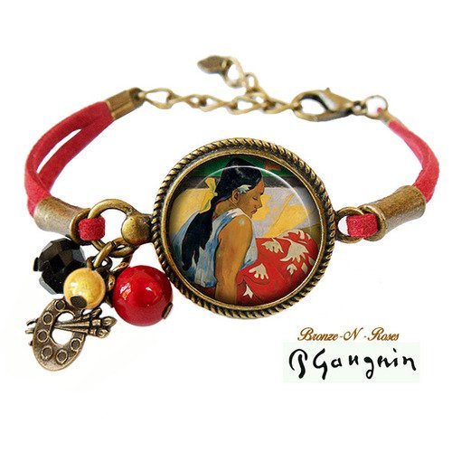 Bracelet tableau paul gauguin * femmes de tahiti * cabochon bronze rouge verre