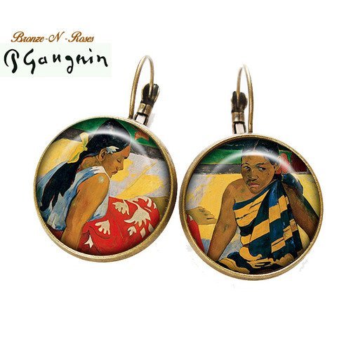 Boucles d'oreilles tableau paul gauguin * femmes de tahiti * cabochon bronze-n-roses dormeuses