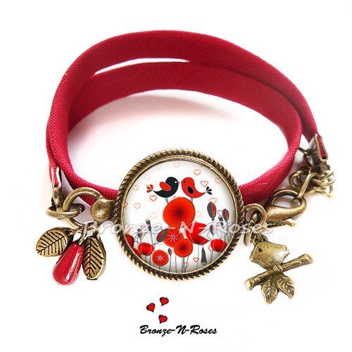 Bracelet " oiseaux amoureux " cabochon rouge coquelicots bijou cadeau saint valentin