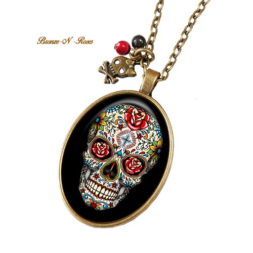 Sautoir ° skull ° bijou halloween cadeau tête de mort fleurs mexicain