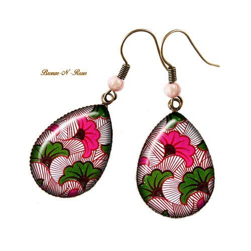 Boucles d'oreilles gouttes fleurs rose vert africain tissu wax motifs ethniques