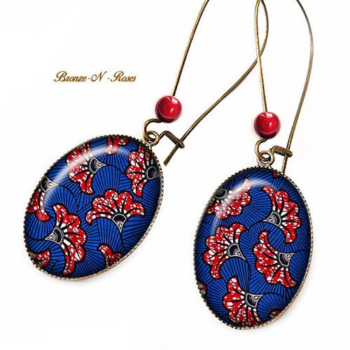 Boucles d'oreilles wax bleu et rouge bijou femme cabochon afrique ethnique