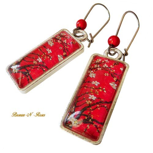 Boucles d'oreilles rectangulaire fleurs de cerisiers couleur rouge argent rectangle