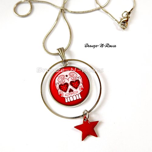 Collier mexican skull argent cadeau bijou tête de mort rouge