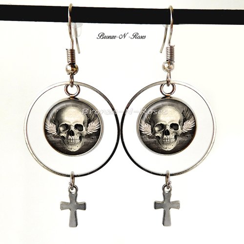 Boucles d'oreilles style gothique " memento mori " skull croix argent
