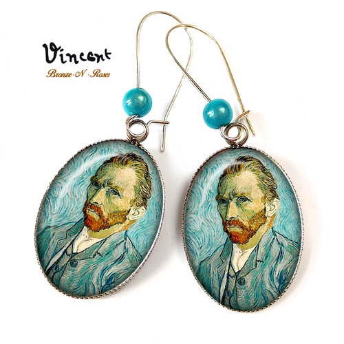 Boucles d'oreilles * vincent van gogh * peinture portrait cabochon bleu turquoise 