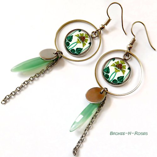 Boucles d'oreilles art nouveau déco fleurs vert d'eau bijou collier cabochon