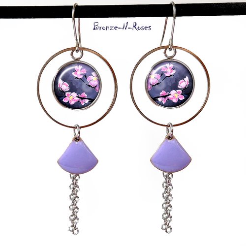 Boucles d'oreilles sakura fleurs mauves violettes japon tendance acier