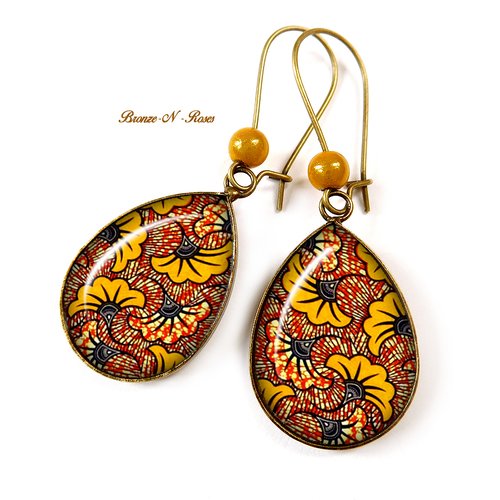 Boucles d'oreilles wax gouttes fleurs jaune moutarde africain tissu wax motifs ethniques