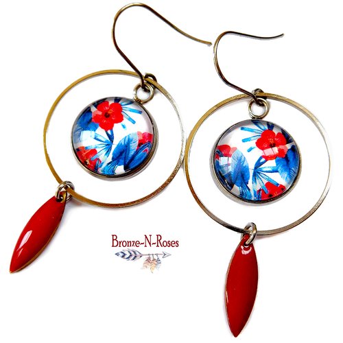 Boucles d'oreilles fleurs rouges fond bleu marine acier créoles femme
