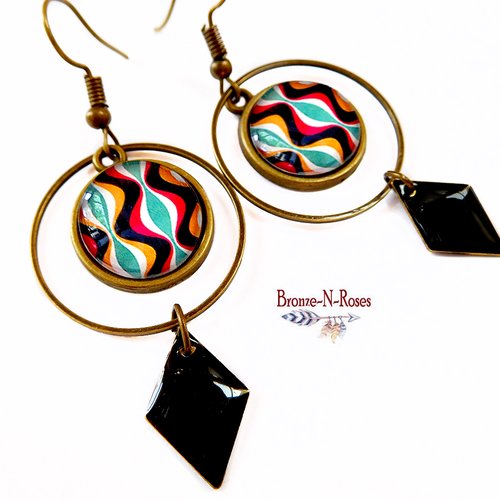 Boucles d'oreilles zigzags bronze vintage cadeau bijou rétro rouge et noir