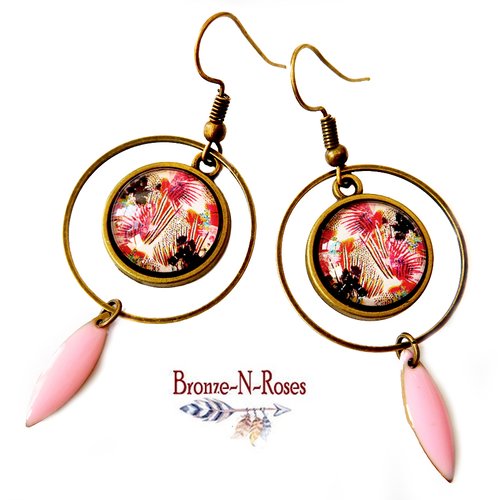 Boucles d'oreilles fleurs roses rétro créoles