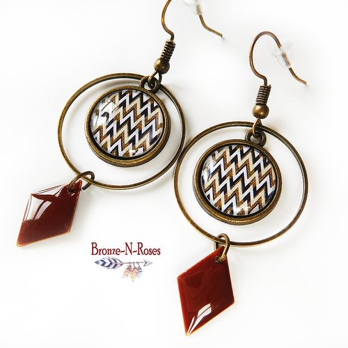 Boucles d'oreilles zigzags bronze vintage cadeau bijou rétro marron