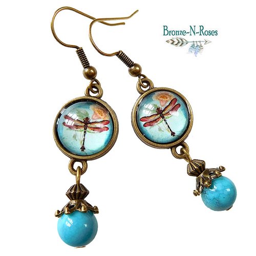 Boucles d'oreilles libellules bleues retro vintage perle turquoise cadeau bijou femme