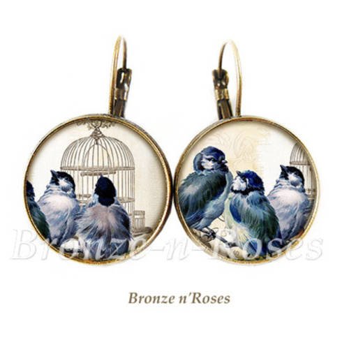 Boucles d'oreilles " oiseaux bleus " cabochon bronze dormeuses 