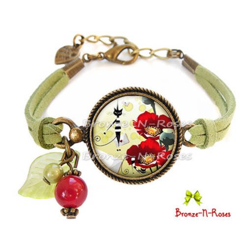 Bracelet " message d'amour " cabochon rouge fleurs chat bijou saint valentin 