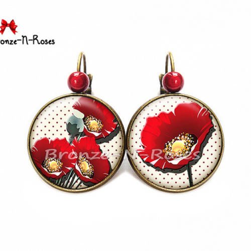 Boucles d'oreilles " coquelicots pois rouges " fleurs cabochon bijou fantaisie dormeuses 