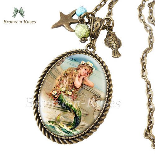 Collier "jolie sirène " fille cabochon mer mermaid bijou vintage 