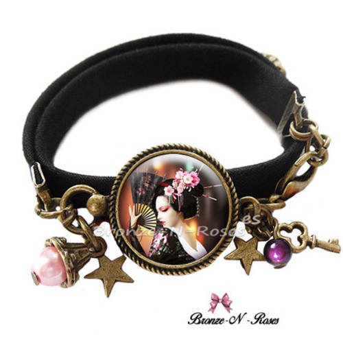 Bracelet * geisha à l'éventail * cabochon bronze verre noir et rose bijou fantaisie 