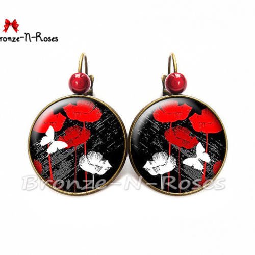 Boucles d'oreilles " coquelicots et papillons " cabochon rouge fleurs bronze noir dormeuses