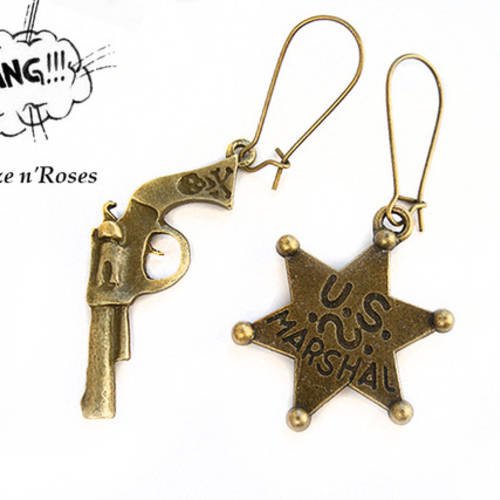 Boucles d'oreilles " bang " bronze shérif pistolet étoile gun
