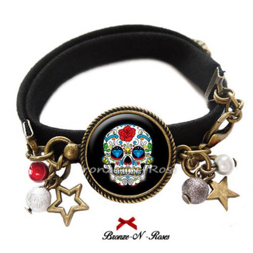 Bracelet " mexican skulls " bronze cabochon tête de mort noir roses rouges 