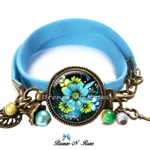 Bracelet " bouquet de fleurs bleues " cabochon bronze bijou vert fantaisie