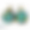 Boucles d'oreilles " bouquet de fleurs bleues " cabochon bronze bijou vert fantaisie dormeuses
