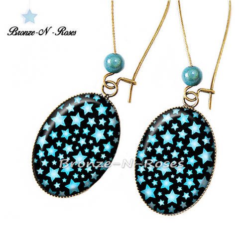 Boucles d'oreilles * stars * cabochon bronze étoiles bleues perle 