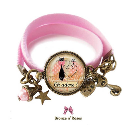 Bracelet " ch' adore " bijou fantaisie cabochon rose bronze chat 