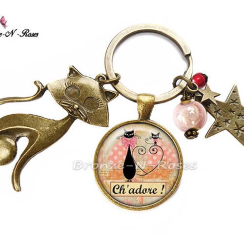 Porte clés " ch' adore " bijou fantaisie cabochon rose bronze chat 