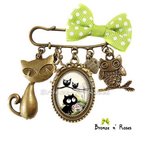 Broche Fantaisie Femme – Chat Noir émaillé Multicolore – Métal Alliage (NEUF)