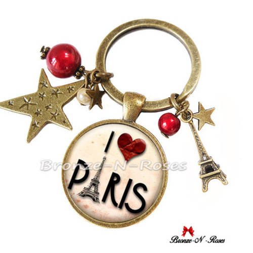 Porte clés " i love paris " cabochon bronze coeur rouge tour eiffel 