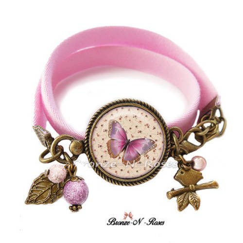 Bracelet " papillon rose " bijou fantaisie cabochon bronze shabby fleurs 