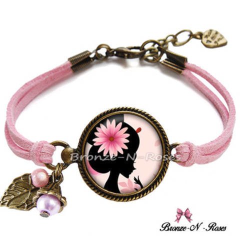 Bracelet " ombre de la beauté " cabochon bronze rose fleurs 