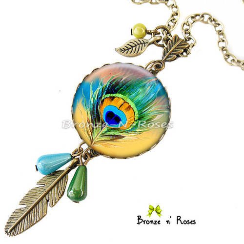 Collier " plume de paon " cabochon bleu vert et jaune bronze bijoux perles 