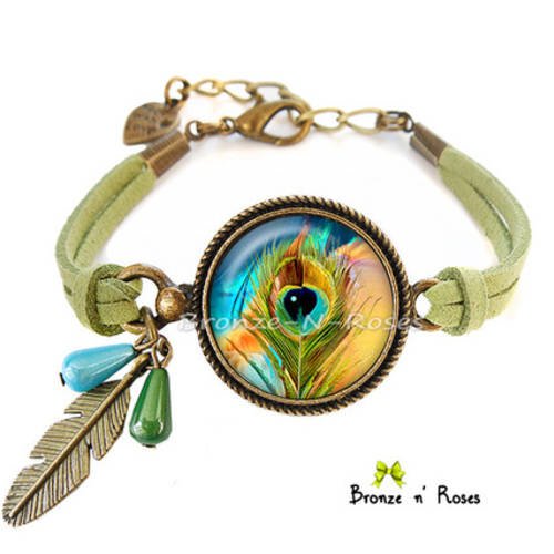 Bracelet " plume de paon " cabochon bleu et jaune bronze bijoux vert 