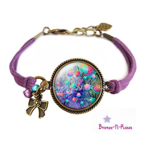 Bracelet " magic flowers fun colors " cabochon bronze violet rose bleu 